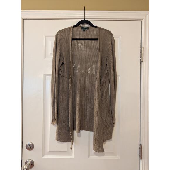 Lauren Ralph Lauren 100% Linen Open Knit Drape Cardigan- Size M- Olive Green - Picture 3 of 6